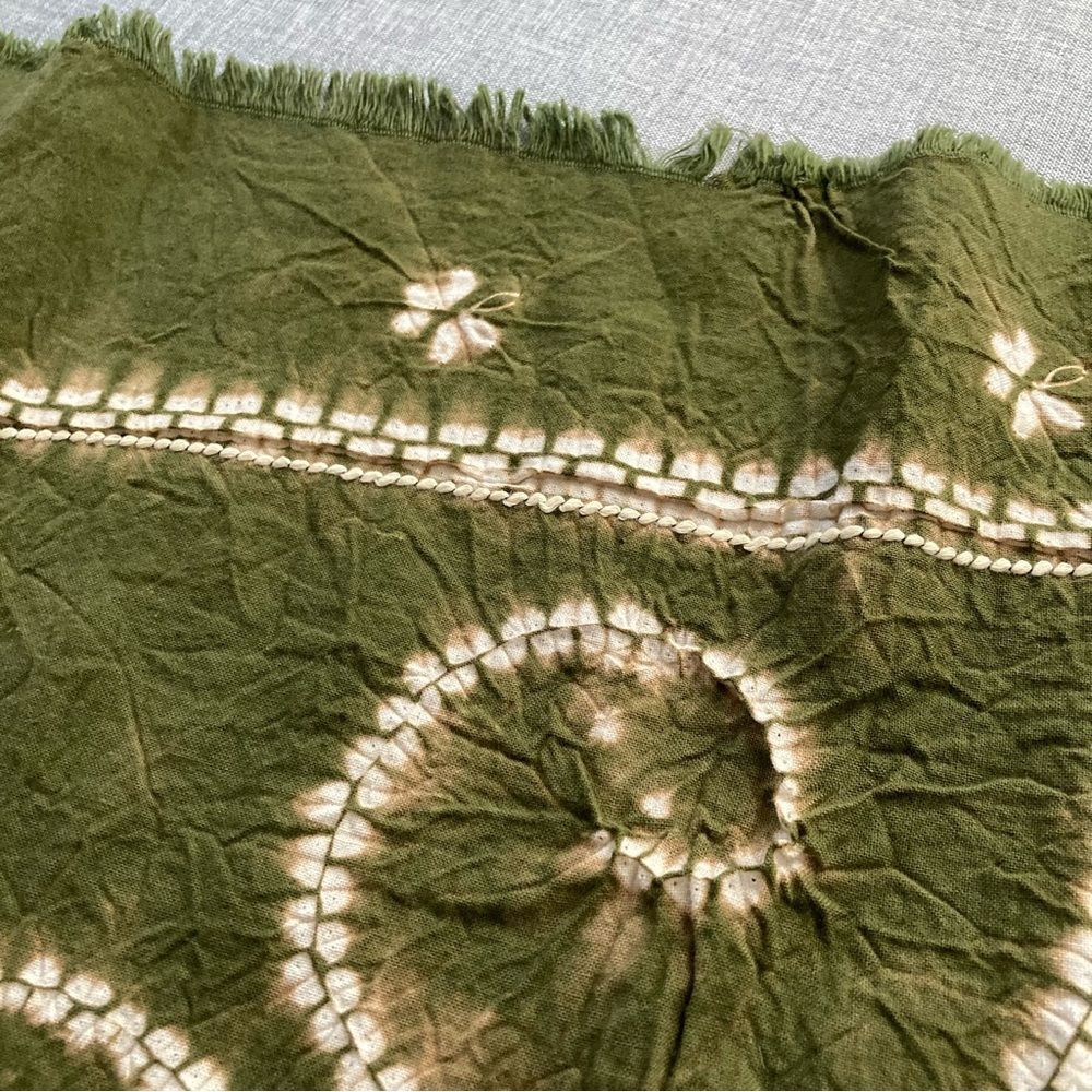 Hand Dyed Scarf Stitched Shibori Embroidered Olive Green Tie Dye 42" Square - Picture 6 of 8